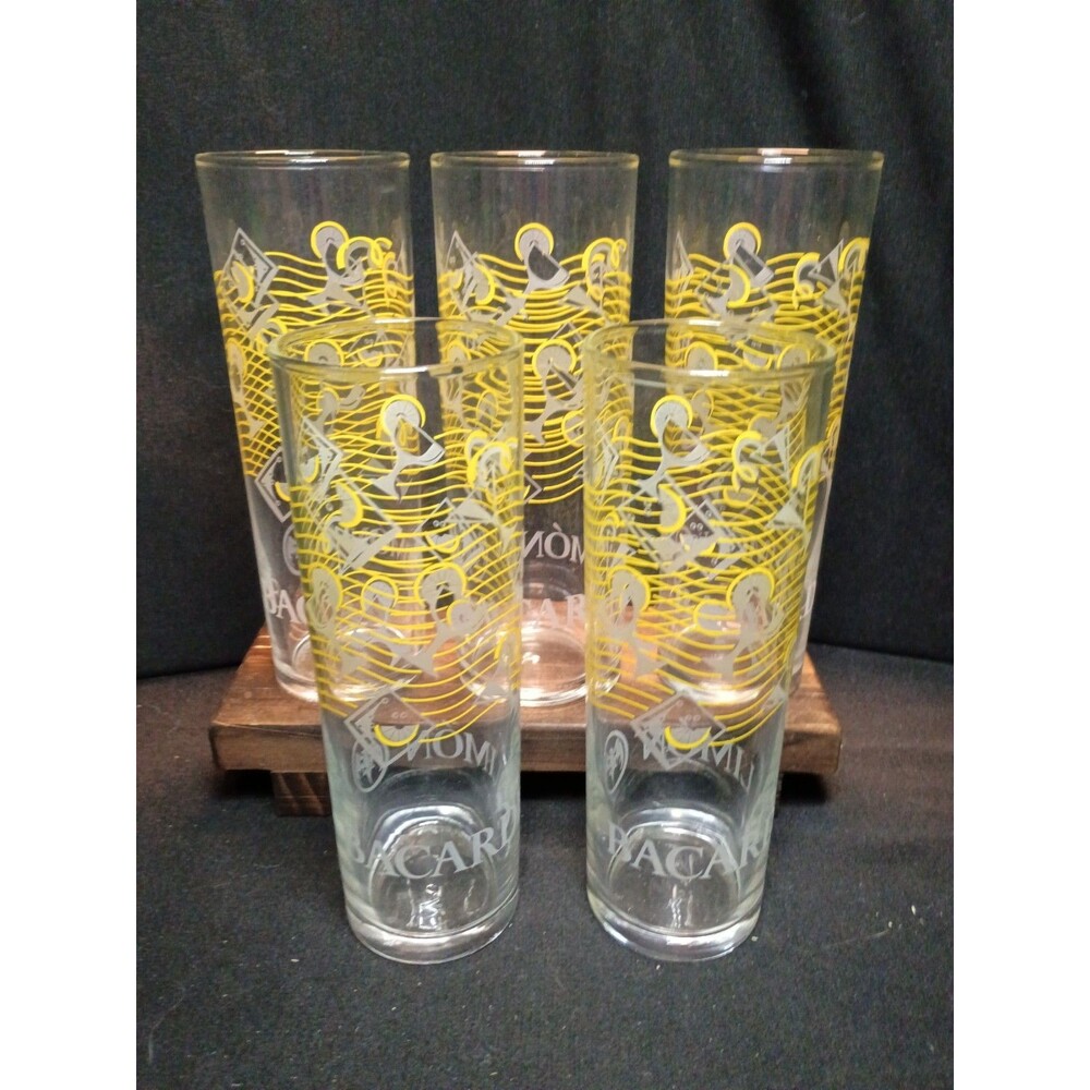 Bacardi Limon Highball Glasses Set of 5 7" Yellow Gray Tom Collins Vintage